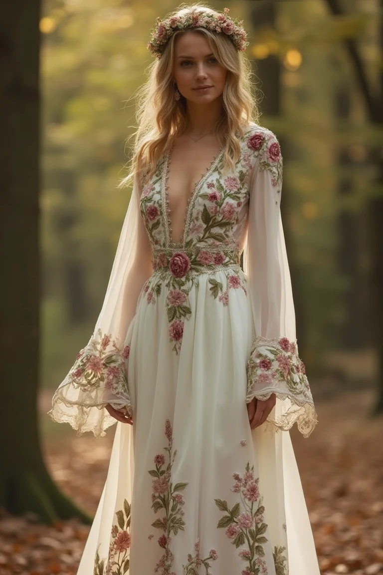 Floral-Embroidered Autumn Wedding Dresses for Nature-Loving Brides