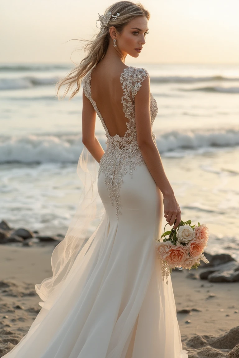 A Beaded Backless Spring Wedding Gown