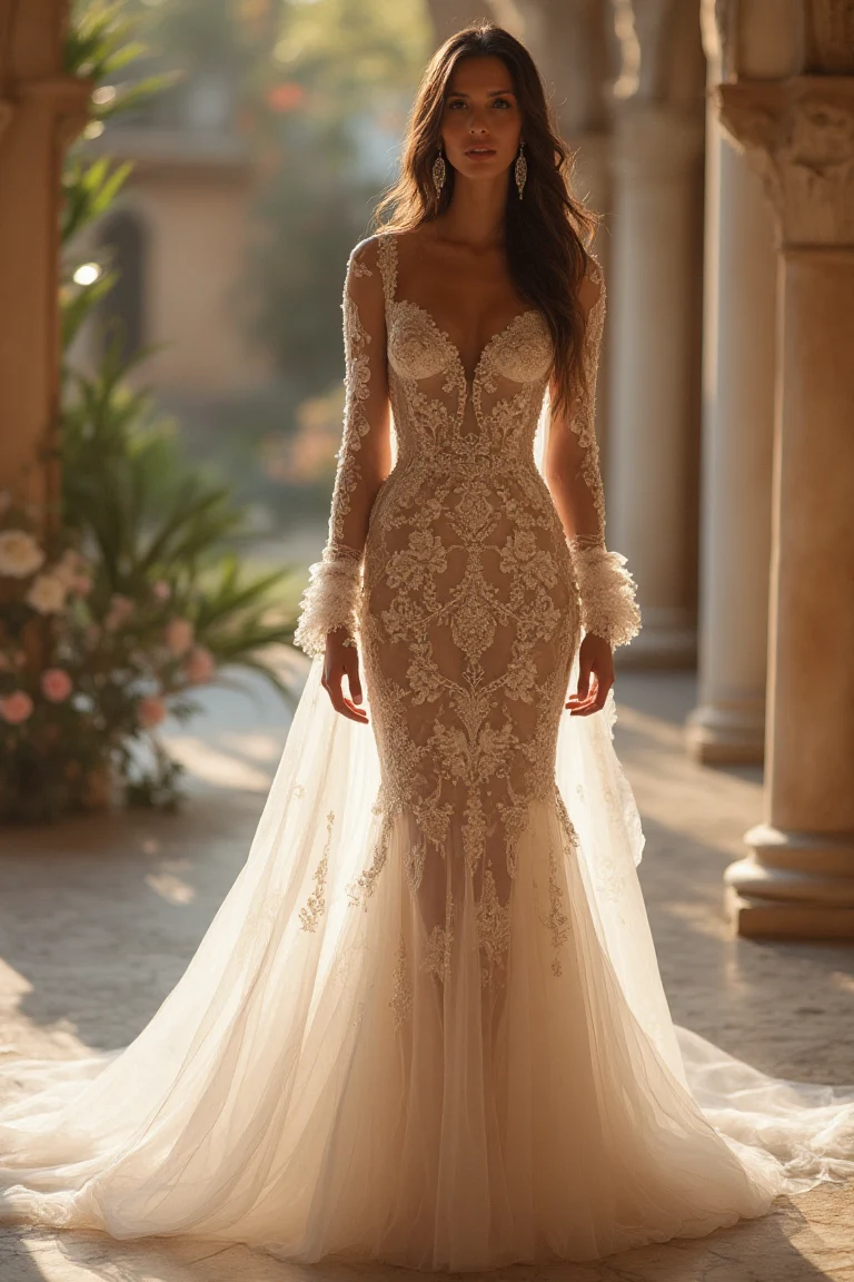 A Beaded Lace Wedding Gown with Opulent Detailing