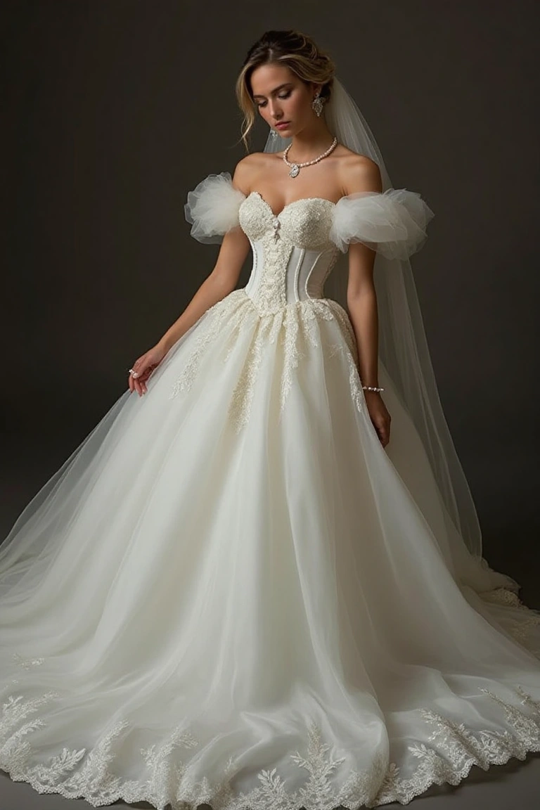 A Dramatic Corset Ballgown with Ethereal Tulle Sleeves