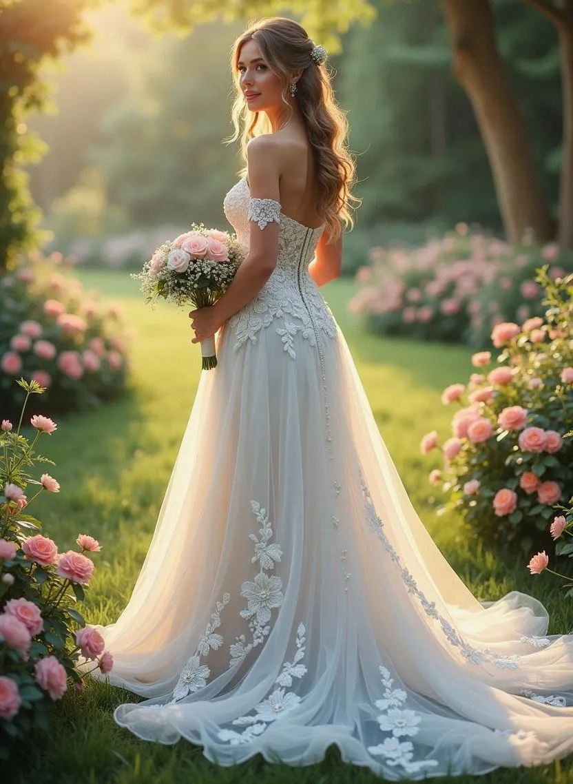 A Floral Lace Princess Wedding Dress with Soft Romance