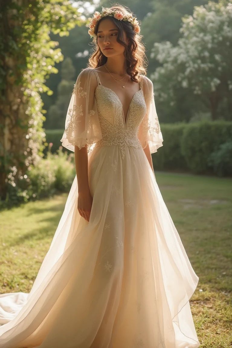 A Flowing Lace Wedding Gown with Ethereal Charm
