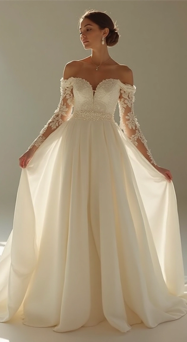 A Flowing Off-Shoulder Wedding Gown with Lace Elegance