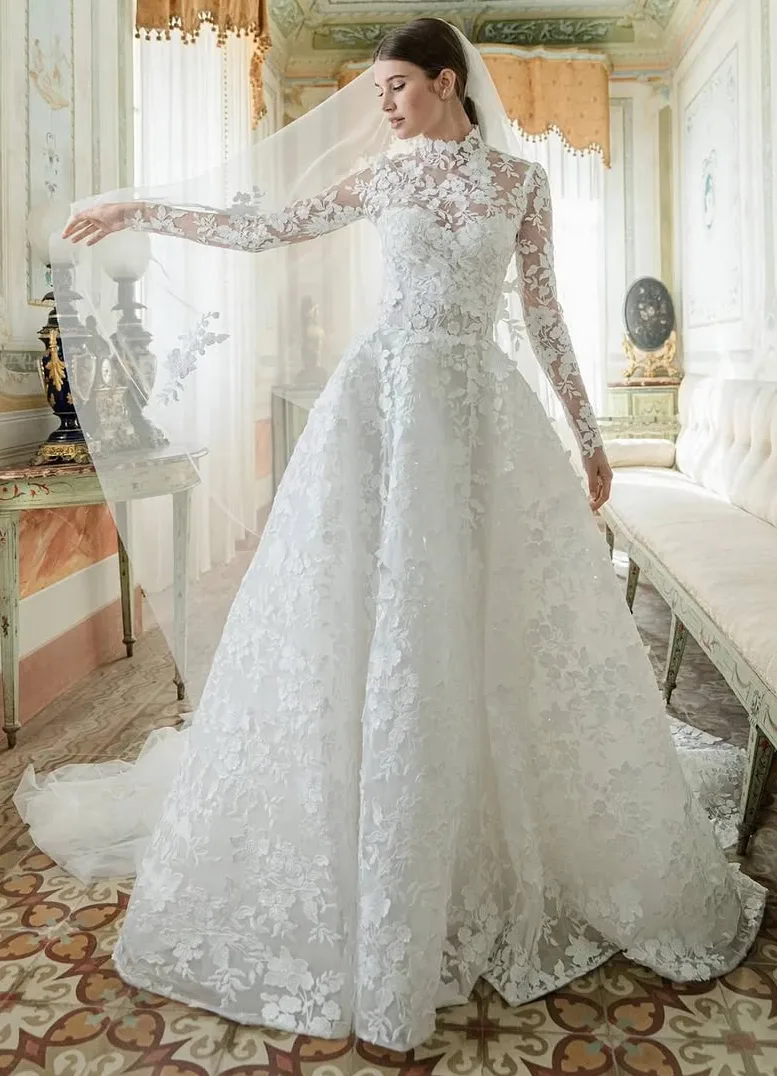 A High-Neck Lace Spring Wedding Gown