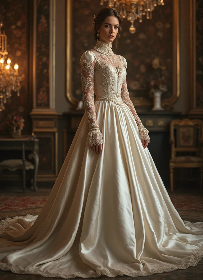 A High-Neck Satin Princess Wedding Dress with Regal Lace Detailing