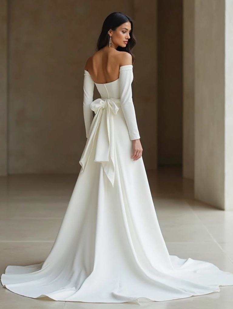 A Minimalist Off-Shoulder Princess Wedding Dress with a Statement Bow