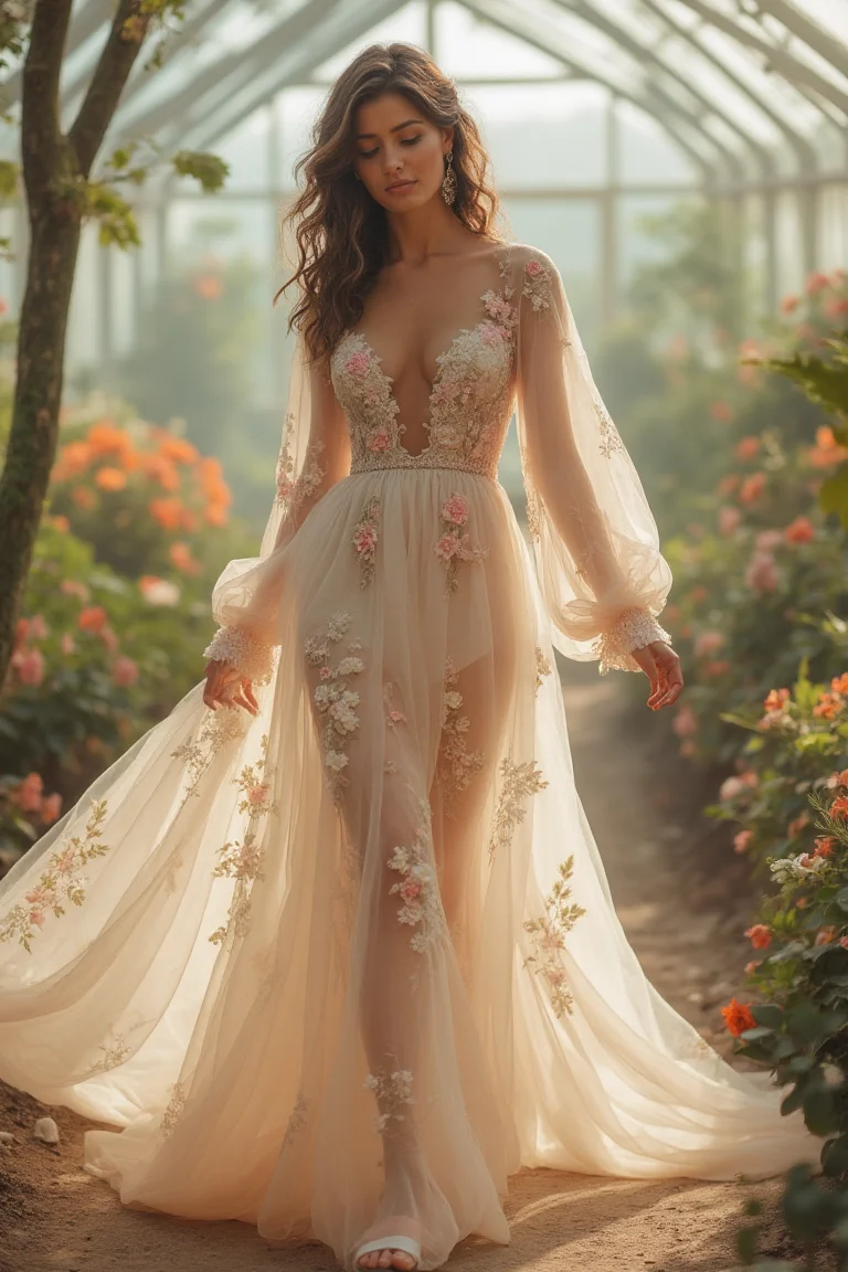 A Romantic Sheer Wedding Gown with Ethereal Embellishments