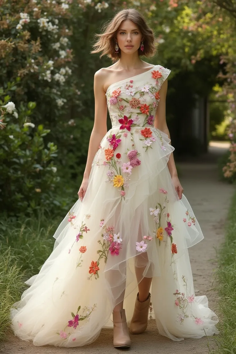 Asymmetrical Floral Wedding Gown with Whimsical Layers