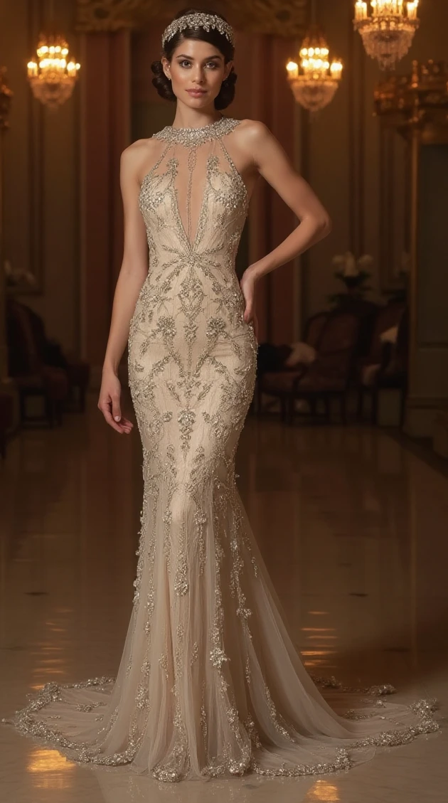 Beaded Illusion Mermaid Wedding Gown with a Regal Touch