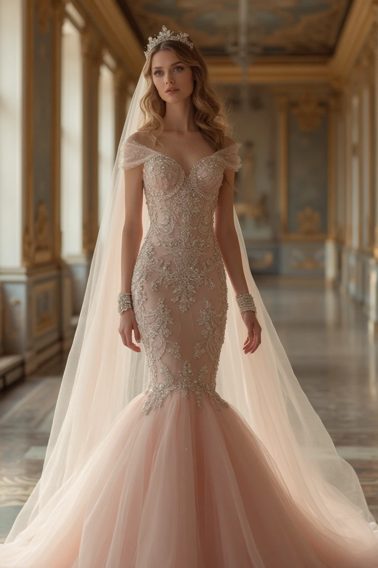 Beaded Off-Shoulder Mermaid Wedding Gown with a Flowing Tulle Train