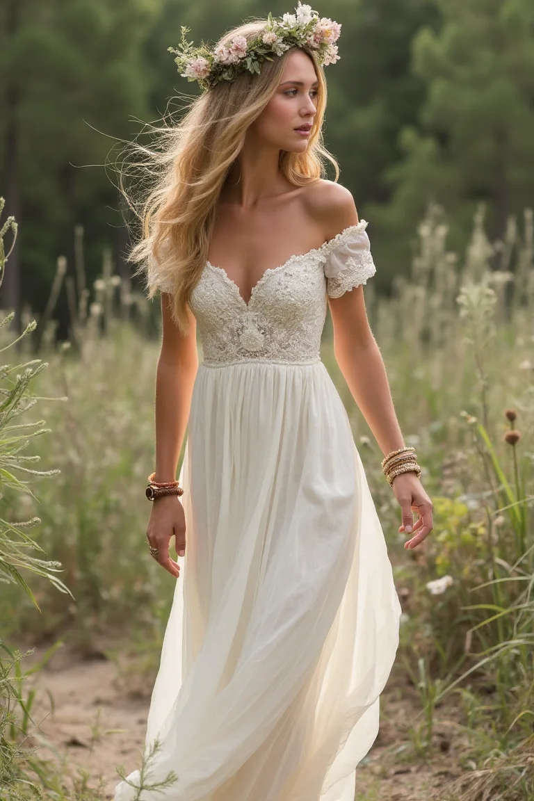 Bohemian Lace & Flowing Chiffon A Summer Wedding Dress with Wildflower Romance