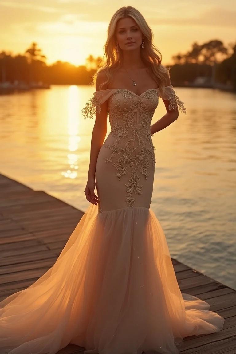 Champagne Tulle Mermaid Wedding Gown with Embroidered Lace