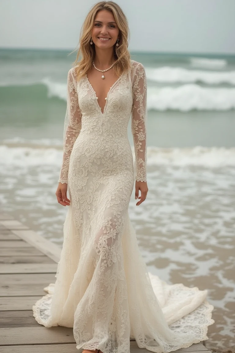 Coastal Grace A Long-Sleeved Lace Beach Wedding Gown