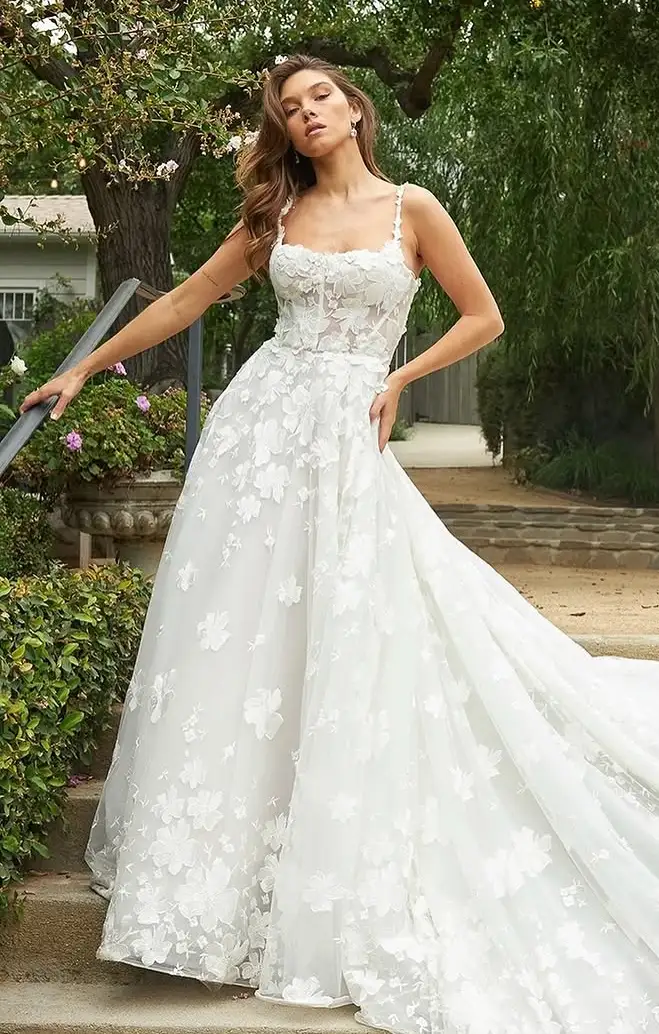 Elegant 3D Floral Wedding Gown with a Dramatic Train