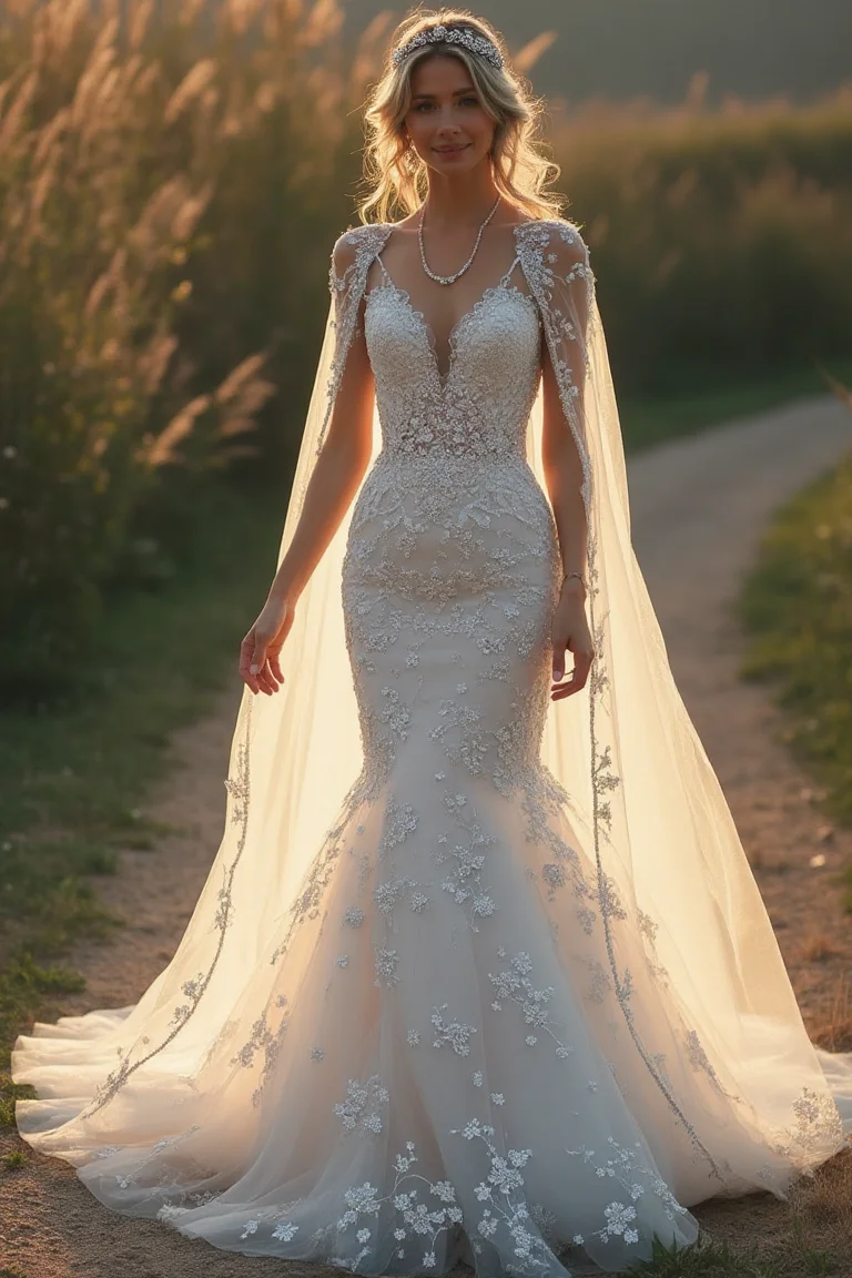 Embroidered Floral Wedding Gown with a Regal Cape