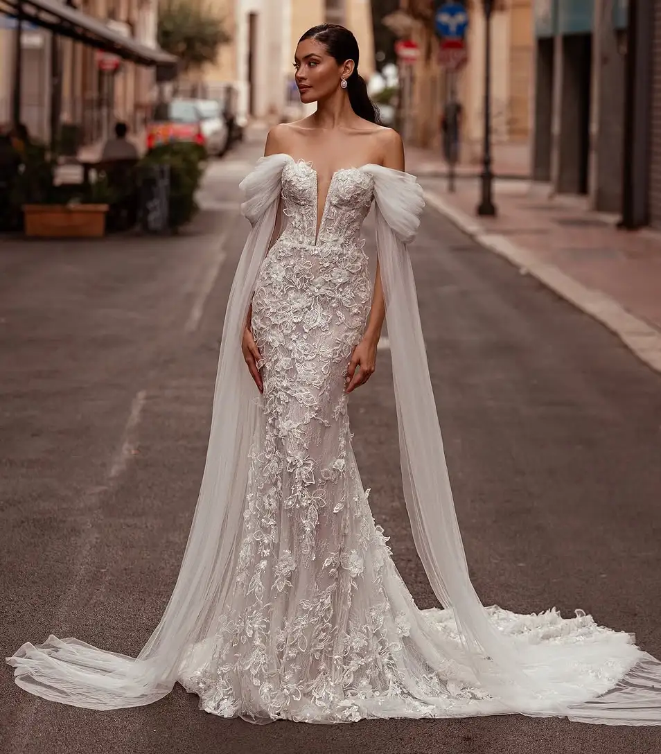 Embroidered Lace Mermaid Gown with Draped Tulle Sleeves