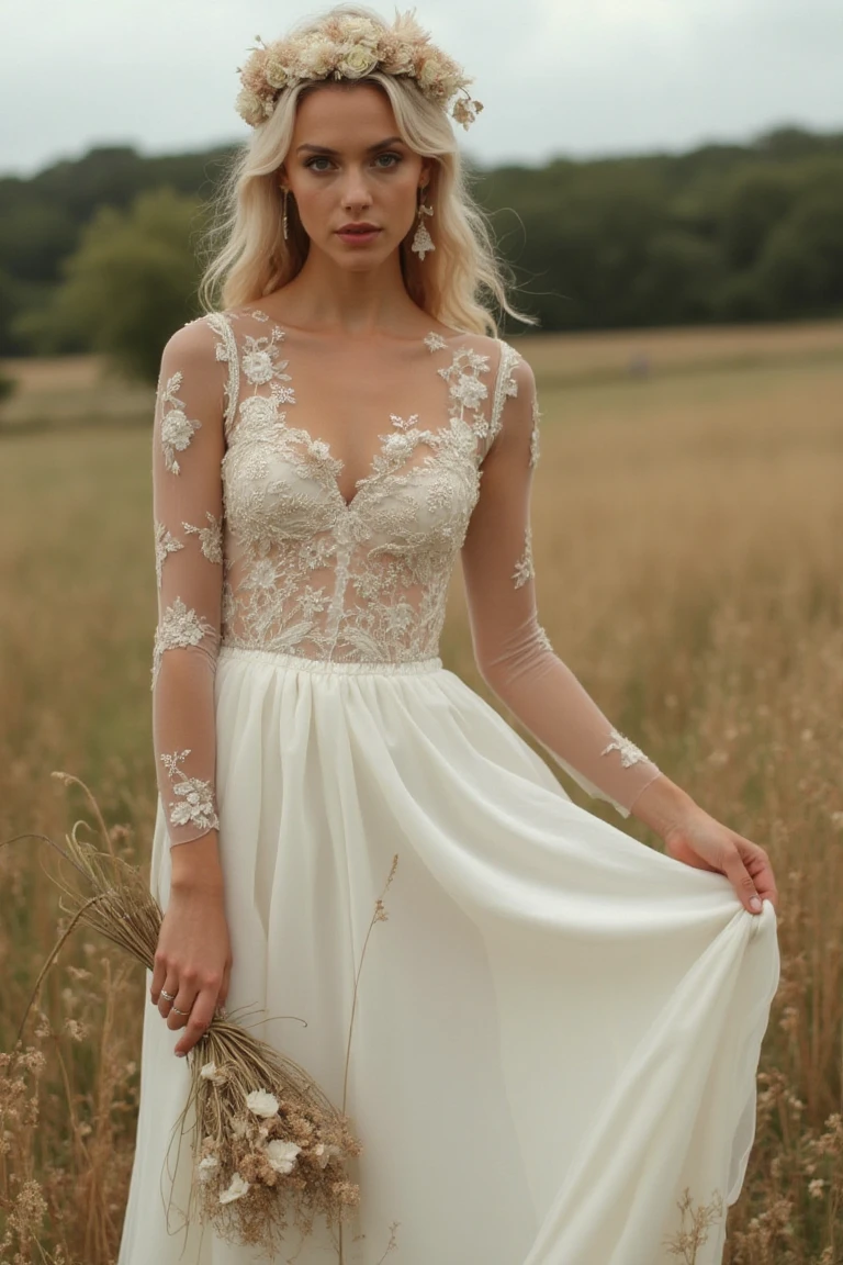 Ethereal Lace & Sheer Sleeves A Summer Wedding Dress with Rustic Romance