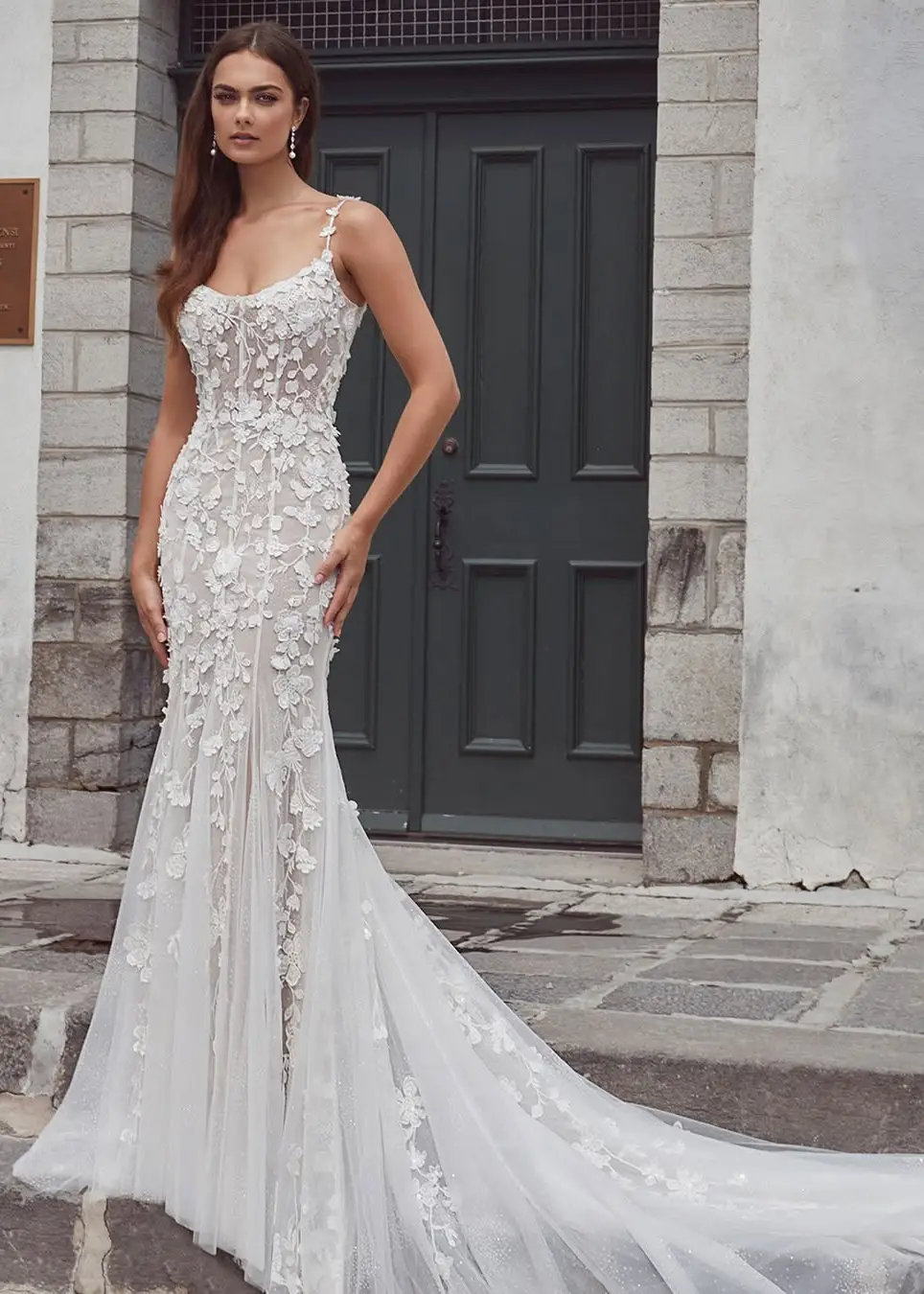 Floral Lace Mermaid Wedding Gown with a Flowing Sheer Train