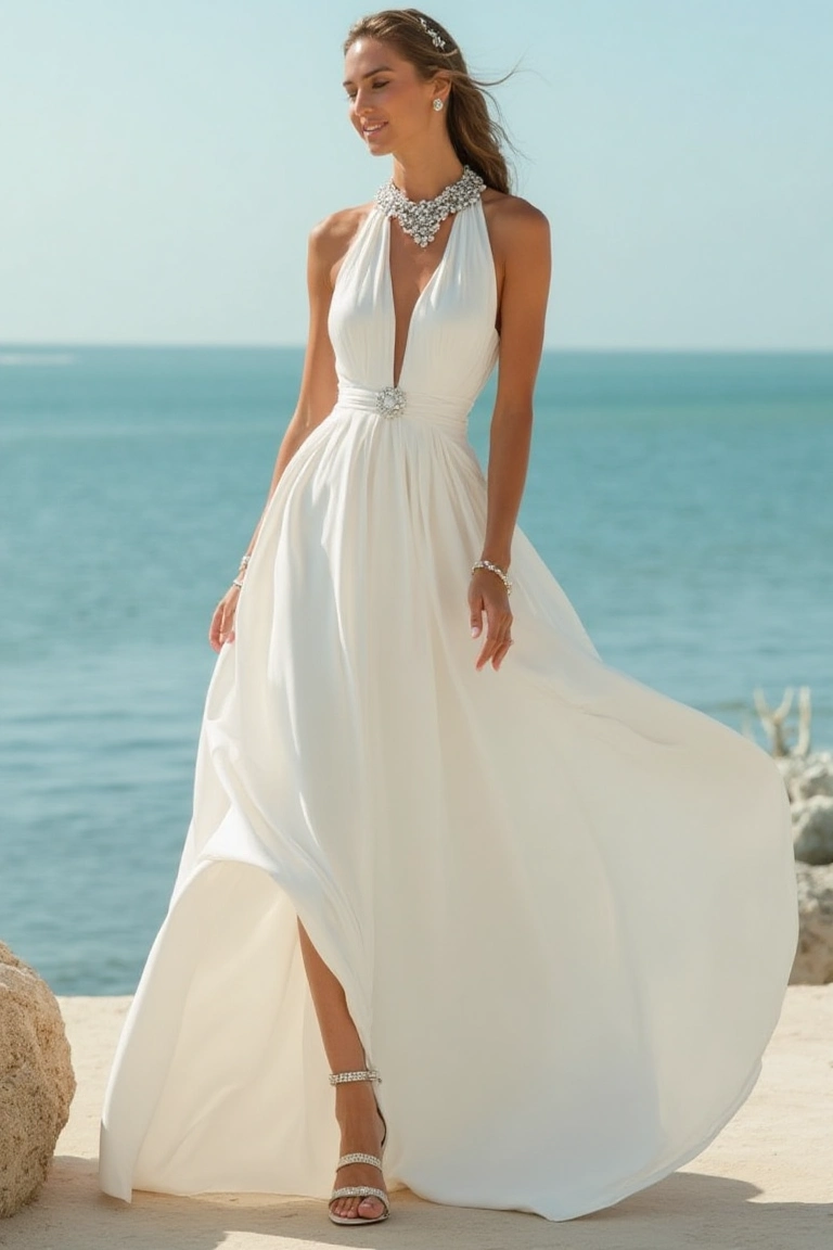 Flowing Chiffon & Halter Glamour A Summer Wedding Dress with Effortless Sophistication