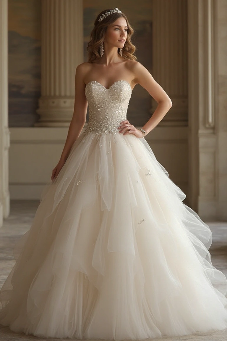 Glittering Tulle & Cascading Layers A Summer Wedding Dress with Regal Romance