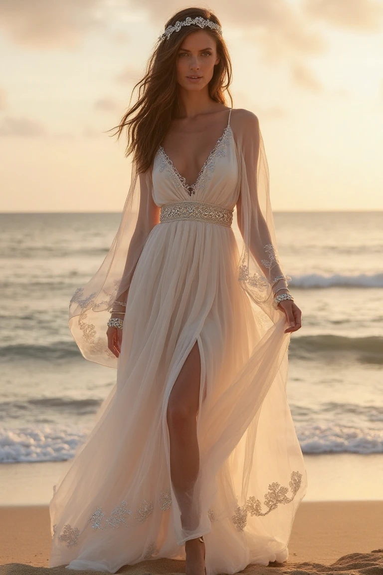 Golden Hour Goddess A Flowing Embellished Beach Wedding Gown