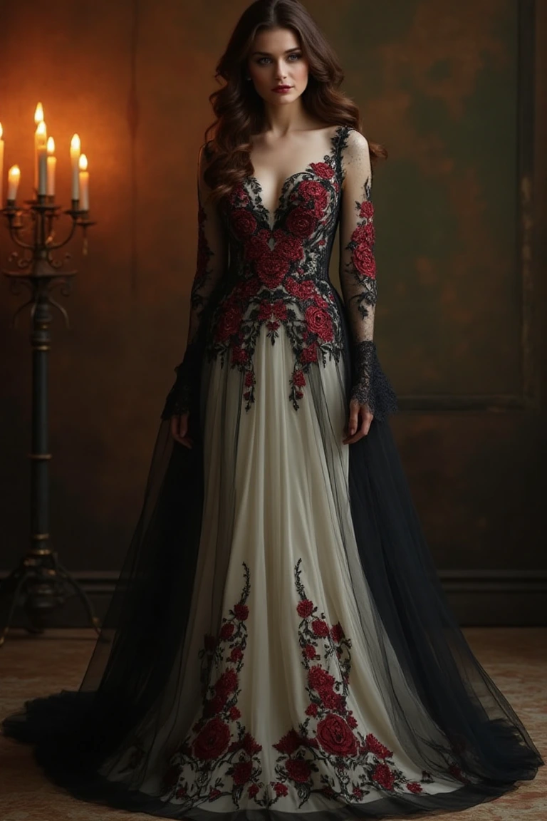 Gothic-Inspired Floral Wedding Gown with Lace Detailing