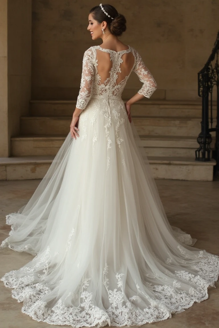 Lace-Embroidered A-Line Wedding Dresses with Sleeves