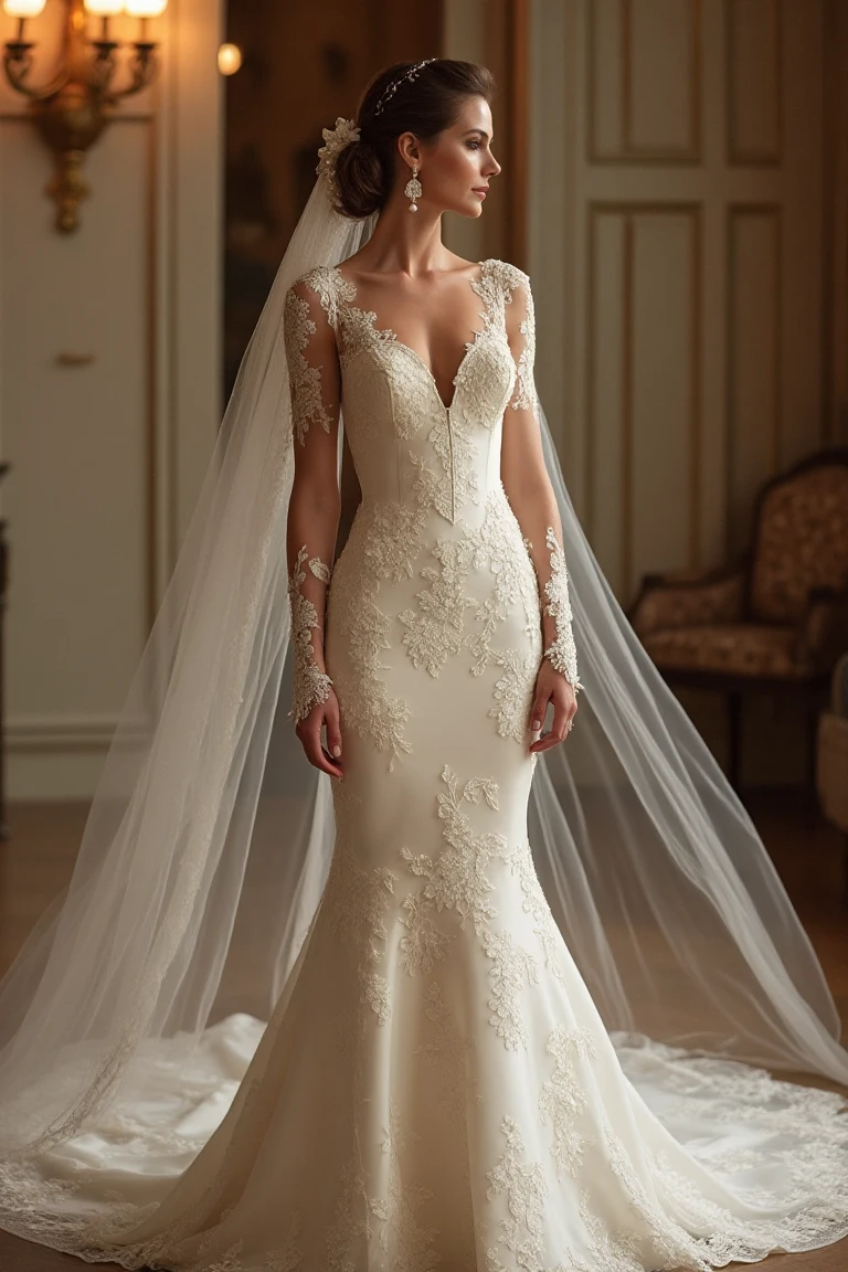 Lace-Embroidered Long-Sleeve Mermaid Wedding Gown with a Cathedral Veil