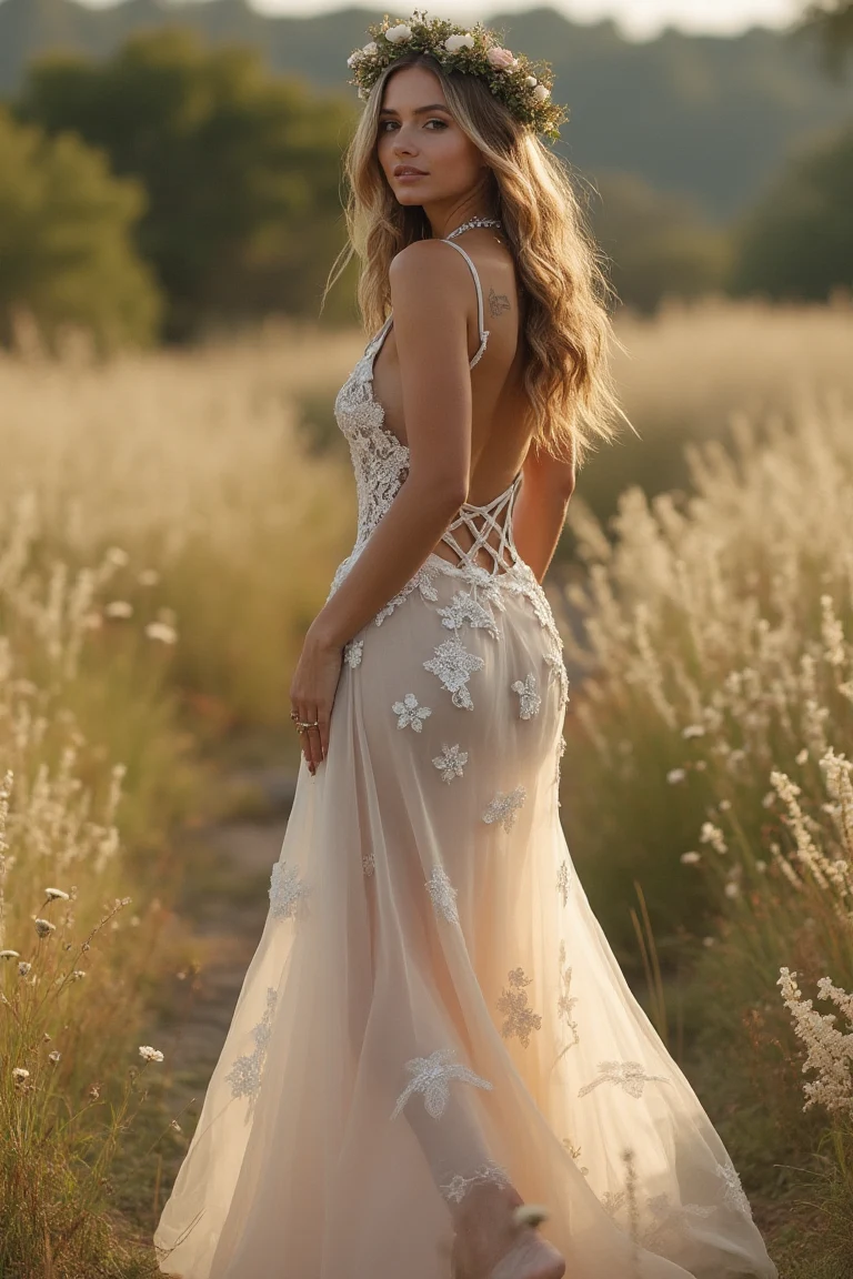 Lace-Embroidered Mermaid Wedding Gown with a Free-Spirited Touch