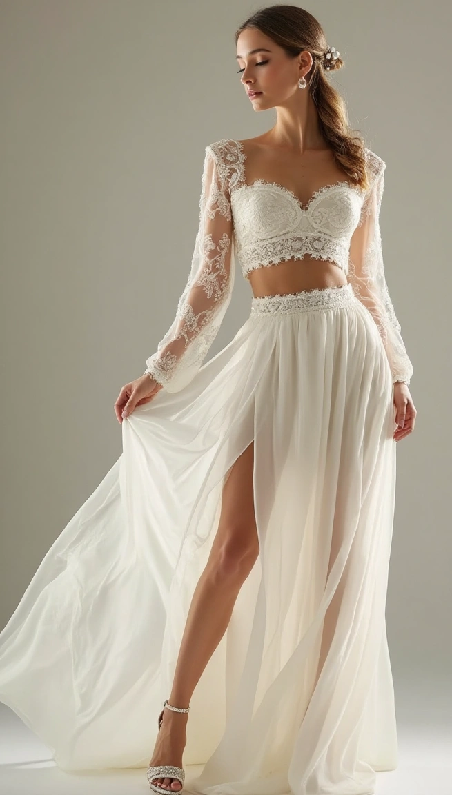 Lace and Chiffon Engagement Ensemble with Ethereal Grace