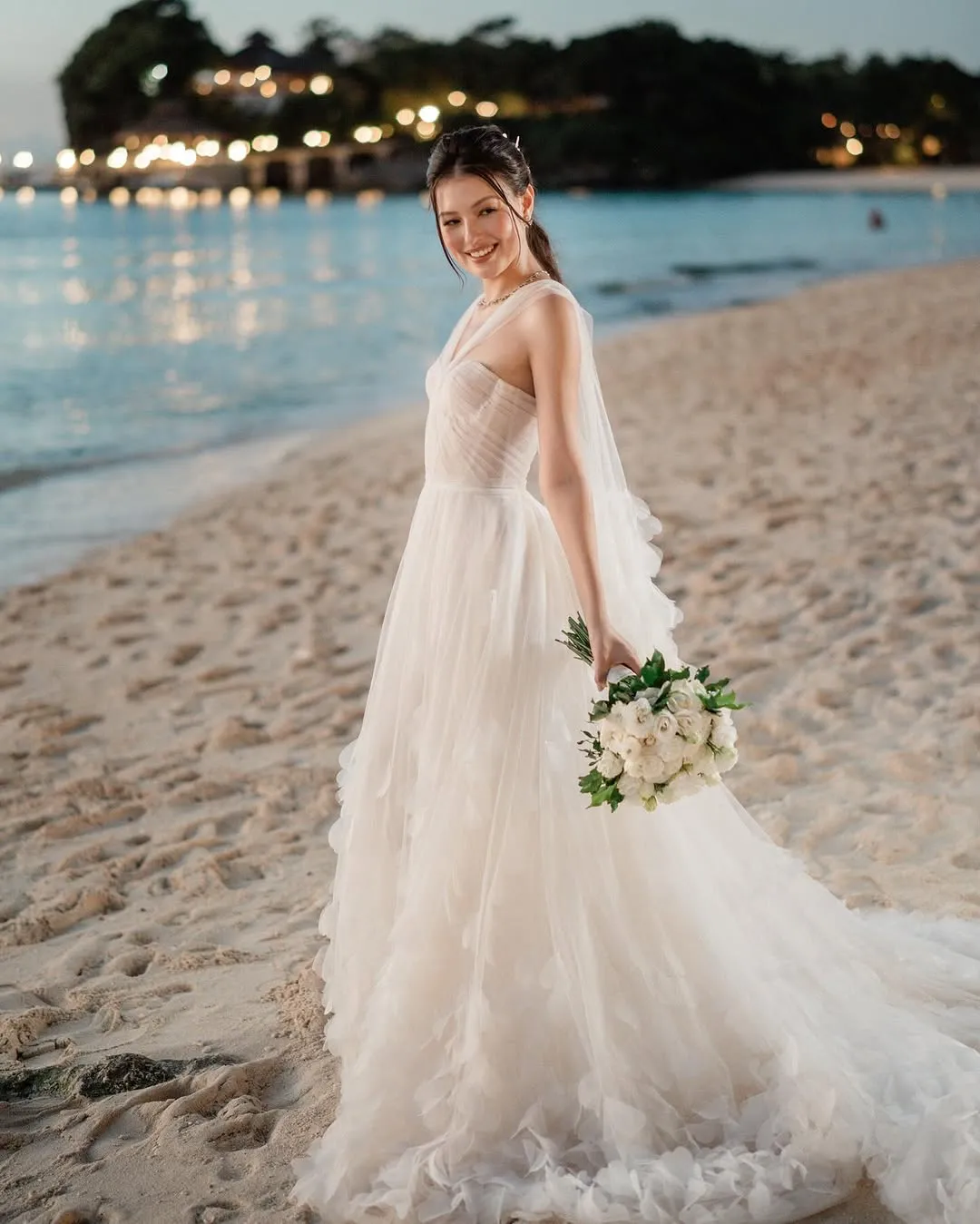 Moonlit Romance  A Softly Layered Beach Wedding Gown