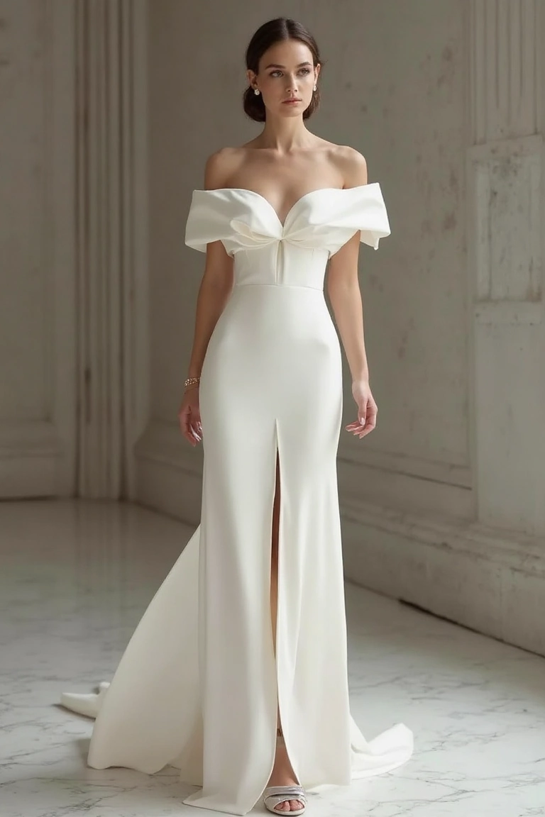 Off-Shoulder Wedding Dresses with Sleek Minimalism