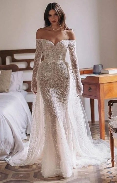 Off-Shoulder Wedding Dresses with Sparkling Elegance