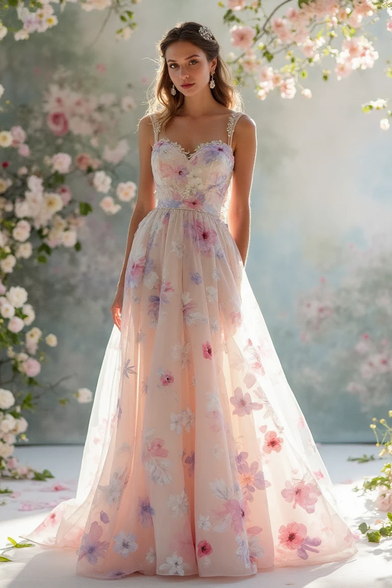 Pastel Floral Wedding Gown with Ethereal Layers