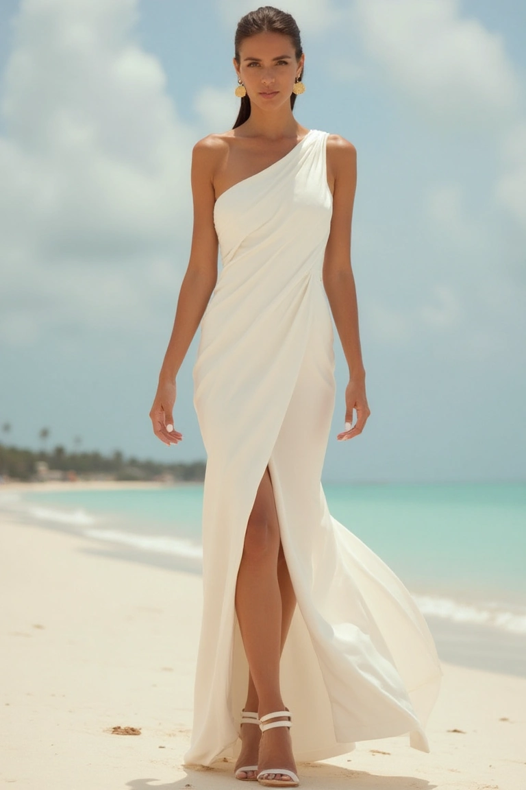 Sculpted Elegance A One-Shoulder Draped Beach Wedding Gown