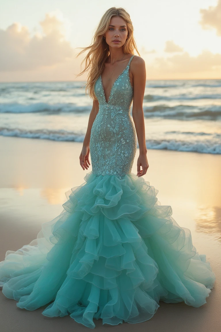 Seafoam Ruffled Mermaid Wedding Gown with Sparkling Beadwork