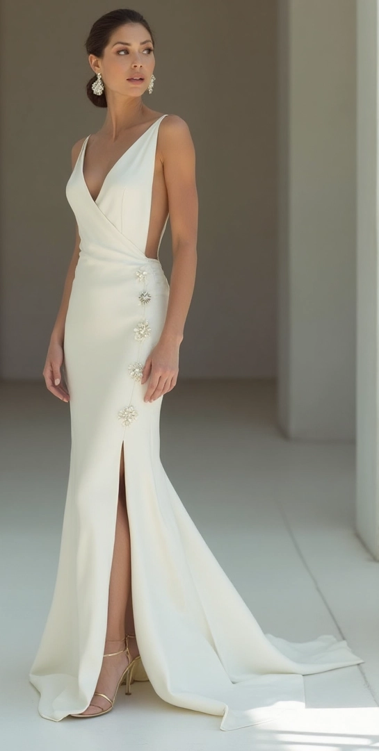 Sleek Crepe Mermaid Wedding Gown with Pearl Embellishments