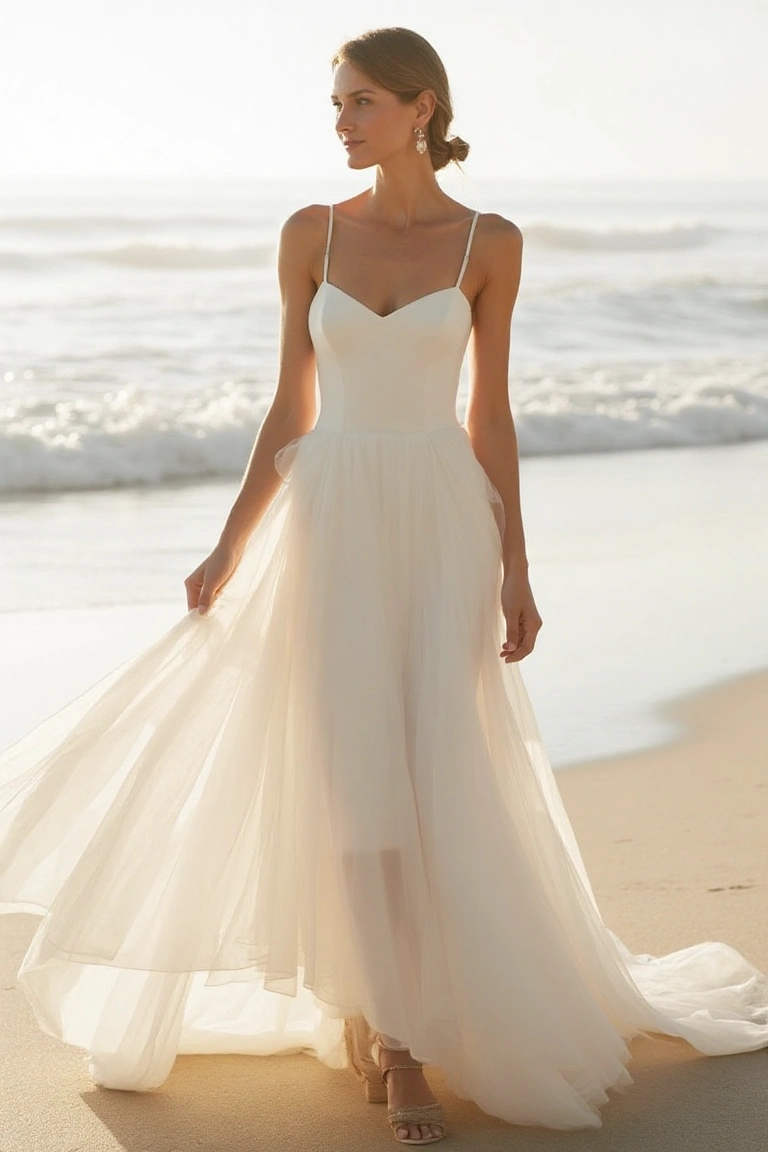 Sunlit Serenity A Minimalist Tulle Beach Wedding Gown