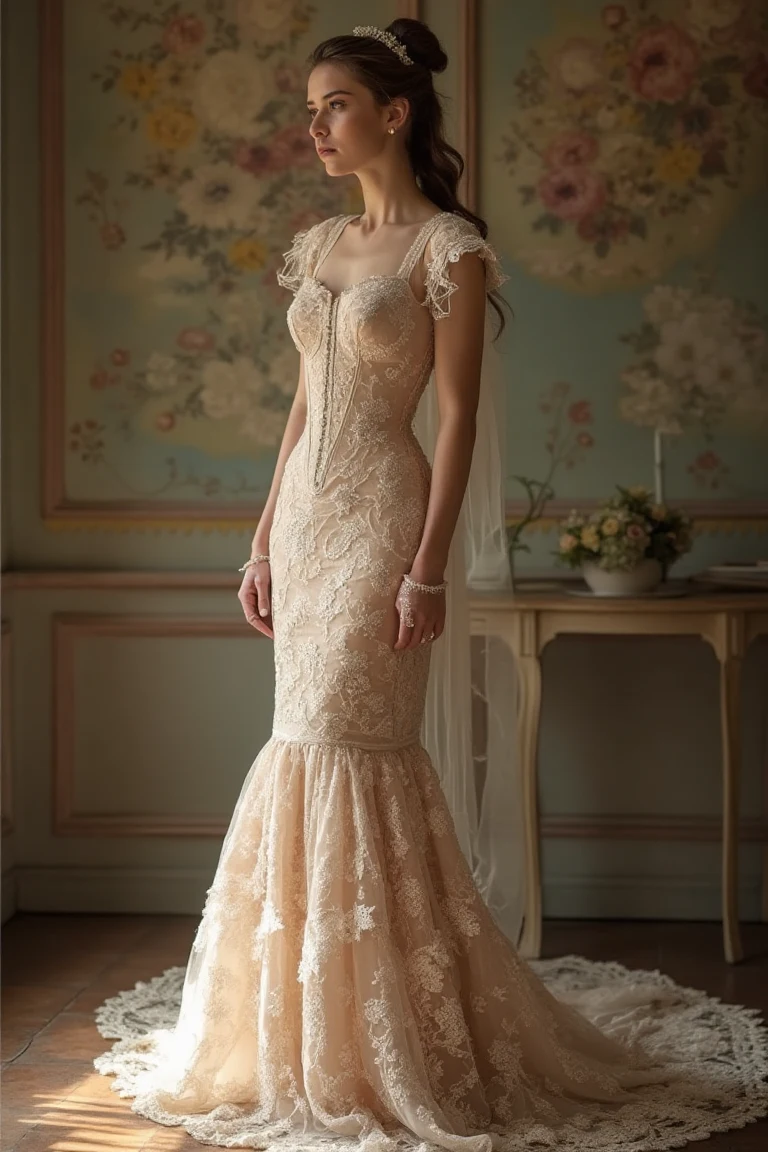 Vintage-Inspired Floral Lace Wedding Gown