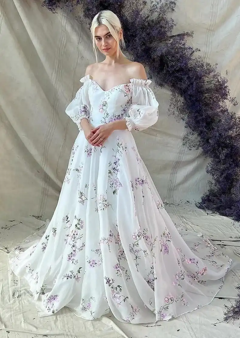 Whimsical Off-Shoulder Floral Wedding Gown