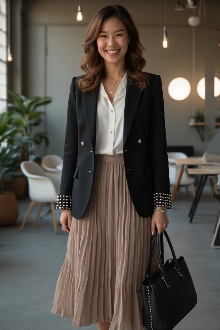 A Black Blazer and Beige Skirt for Modern Business Casual Flair