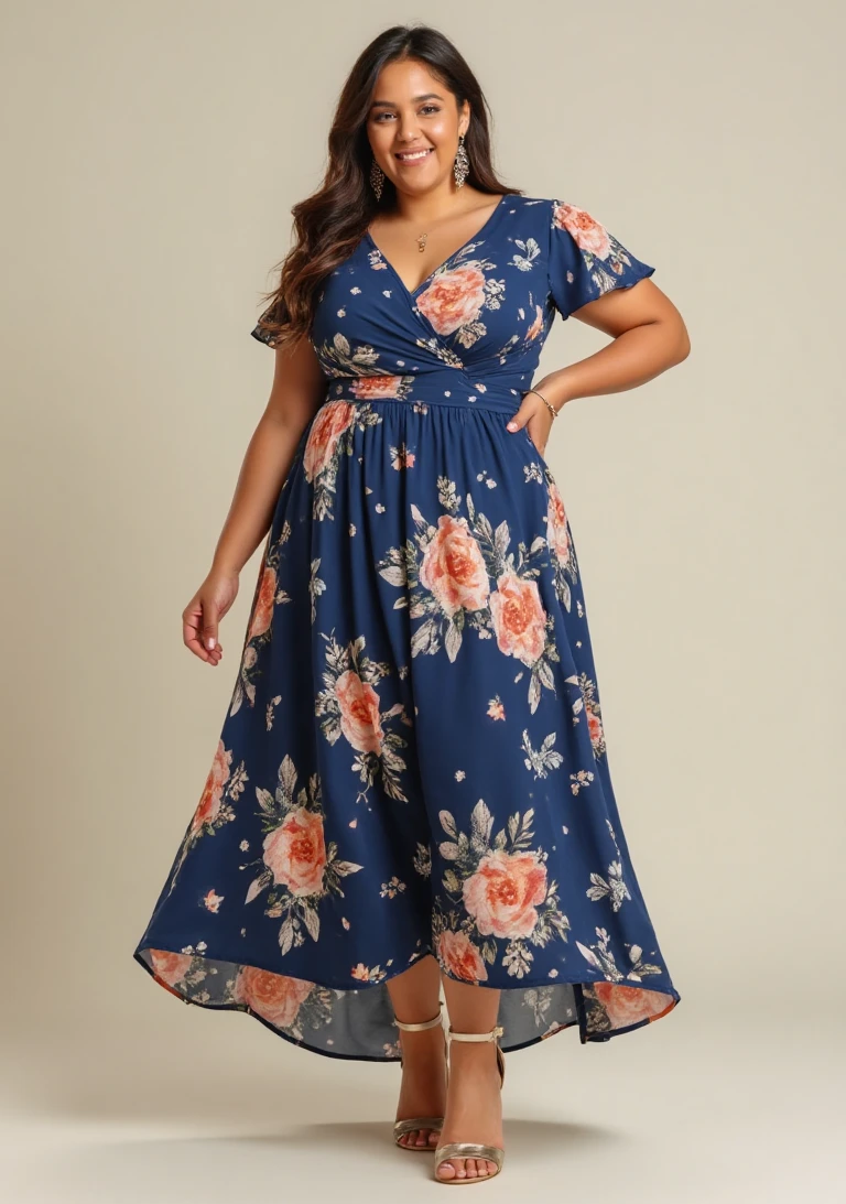 A Casual Navy Rose-Print Plus Size Maxi Dress