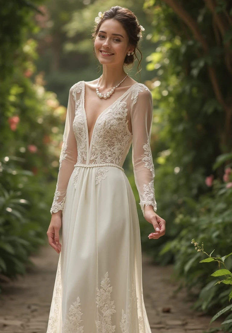 A Lace Long-Sleeved Drop Waist Bridal Gown