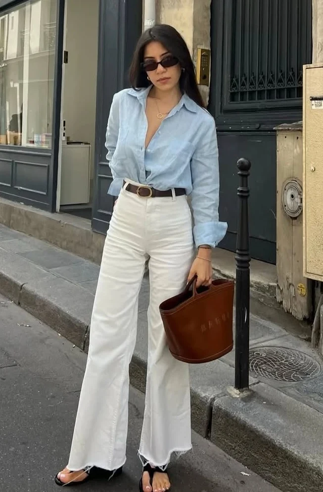 A Pale Blue Shirt and White Trousers for Urban Business Casual Flair