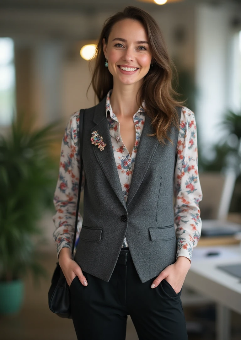 A Patterned Blouse and Grey Vest for Playful Business Casual Style