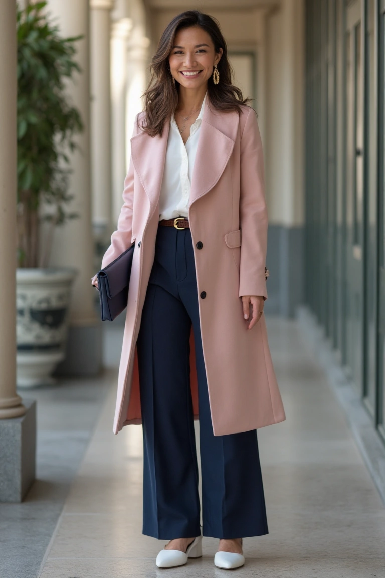 A Pink Coat and Navy Trousers for Refined Business Casual Grace