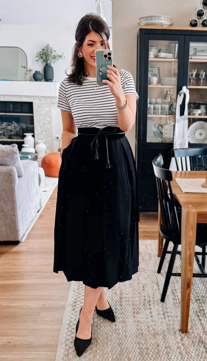 A Striped Top and Black Skirt for Timeless Business Casual Appeal
