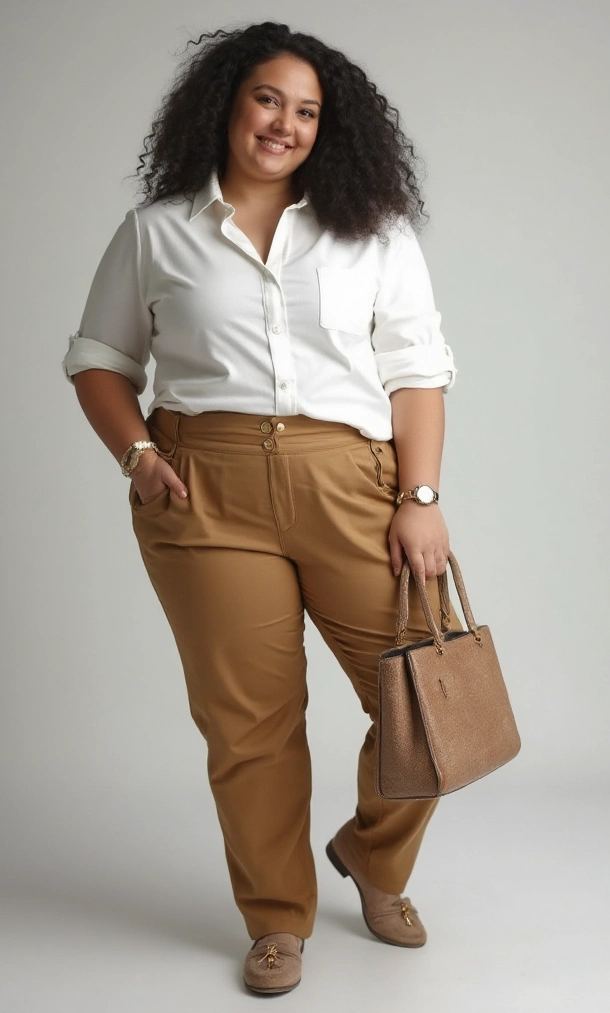 A Tan and WhiteCasual Plus Size Office Look