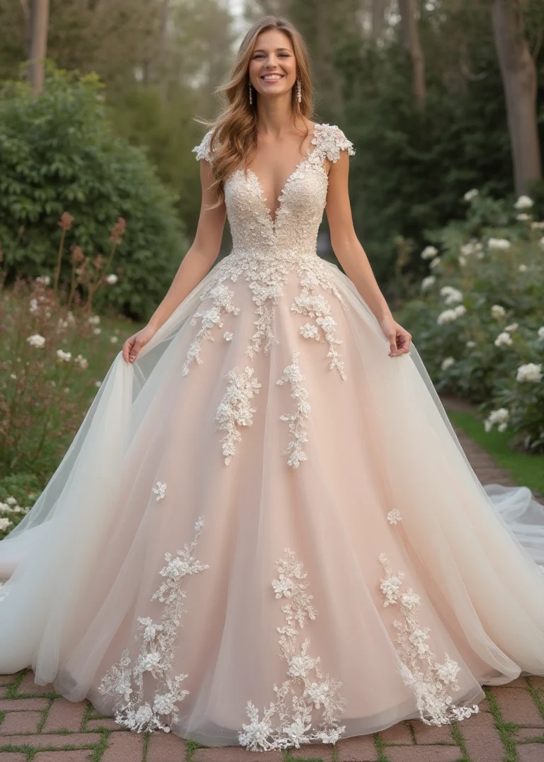 Blush Ivory V-Neck Wedding Dress