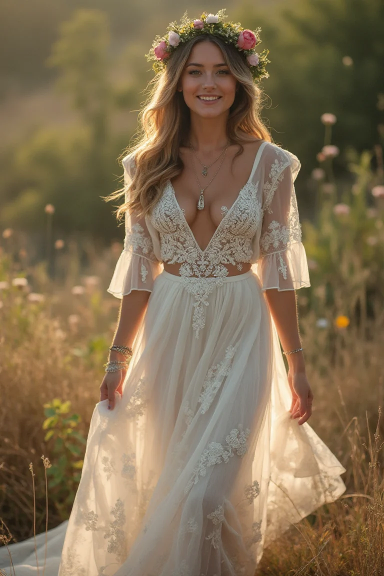 Bohemian White V-Neck Wedding Dress